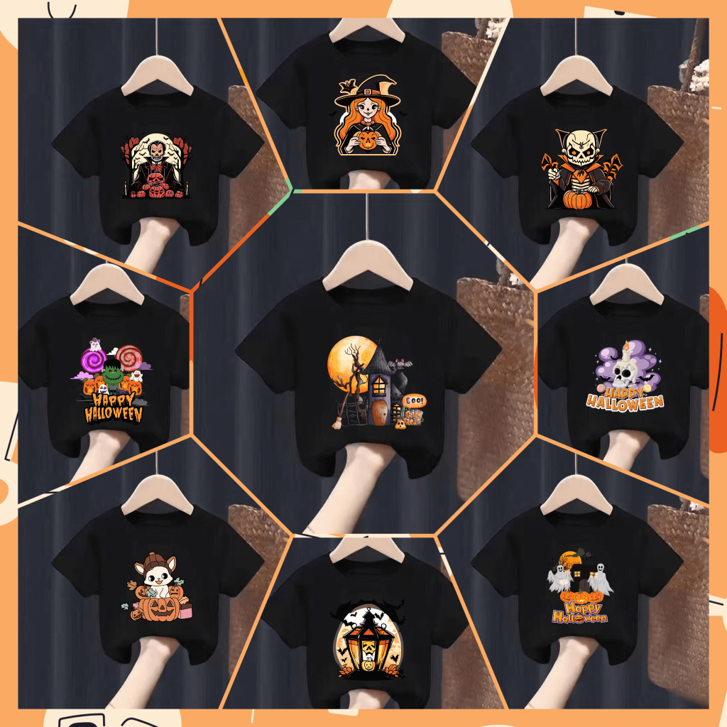 เสื้อยืดเด็กพิมพ์ลายการ์ตูน วันฮาโลวีน (Halloween) น่ารักๆๆ "สีดำ" เนื้อผ้าฝ้าย Pattern 465-476