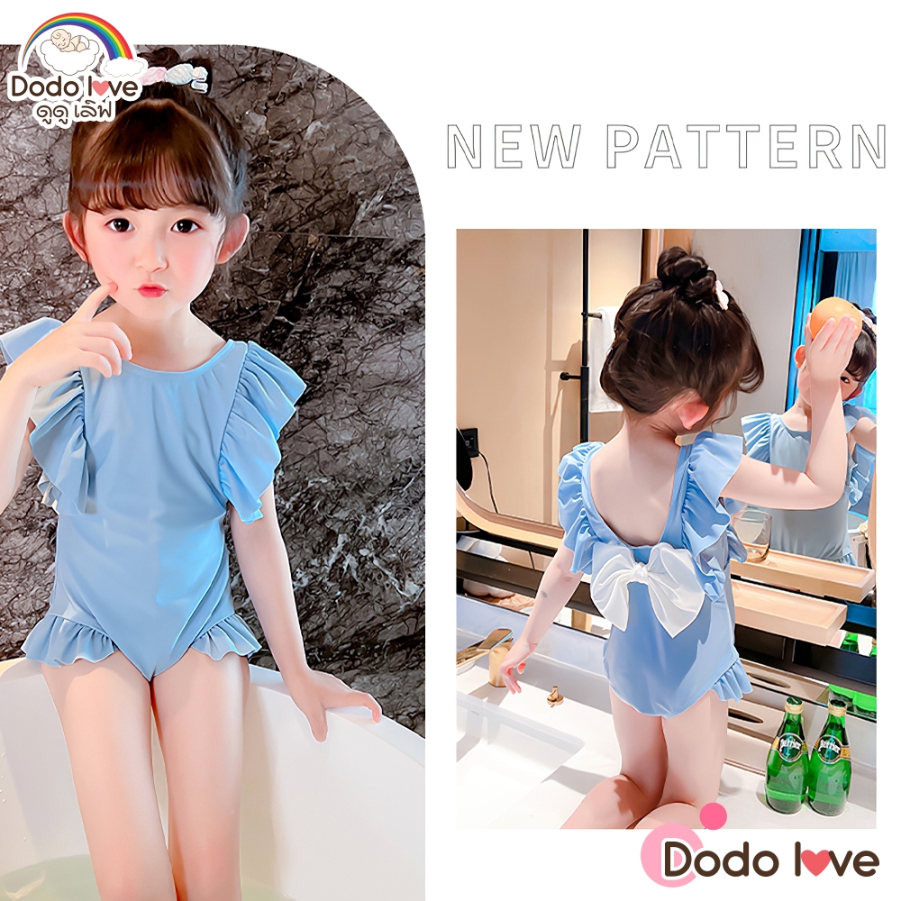 DODOLOVE ชุดว่ายน้ำเด็กผู้หญิงแขนกุด มีโบว์  ชุดว่ายน้ำ ทรงบิกินี่พร้อมหมวก ผ้ายืดหยุ่นใส่สบาย - รูปที่ 2