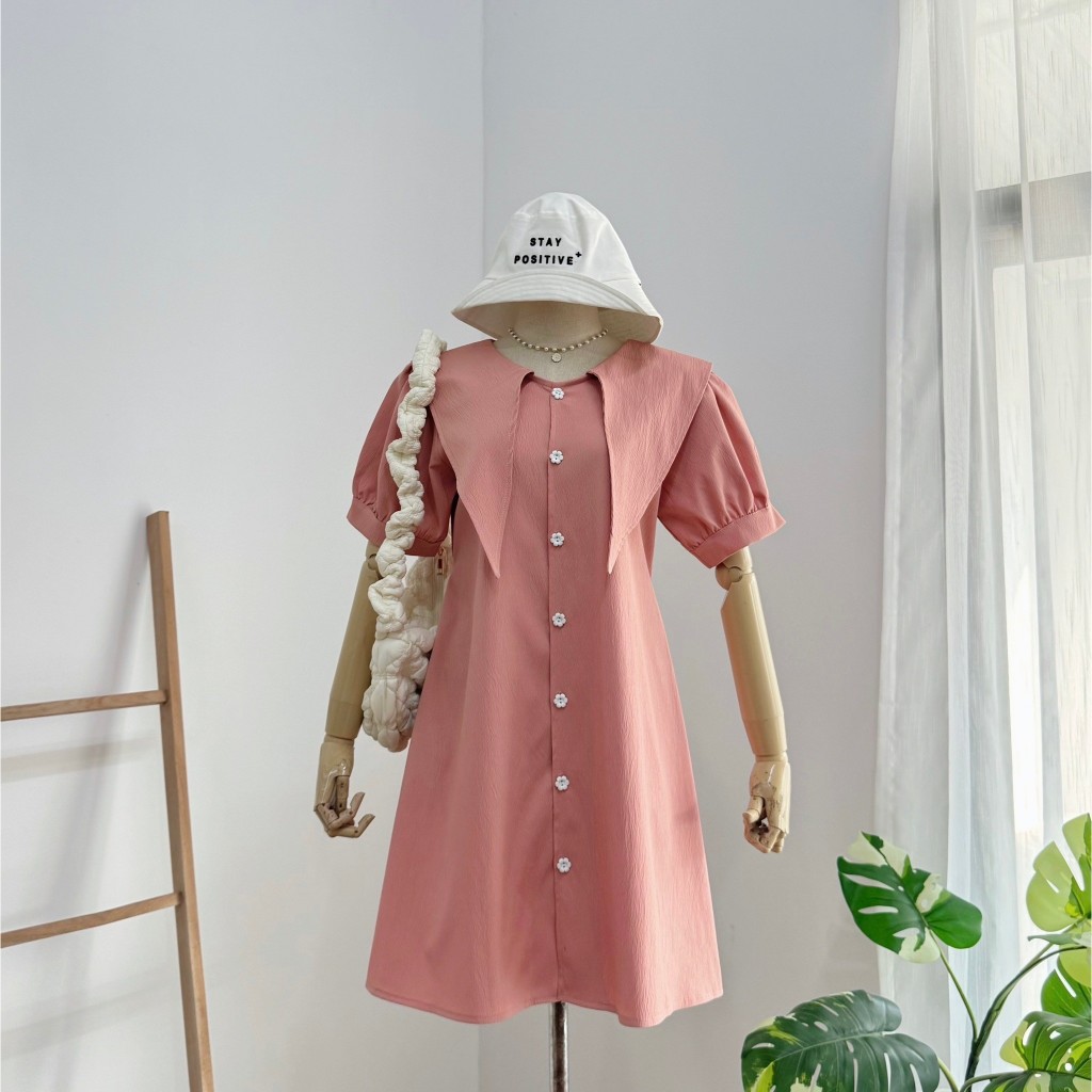 เดรสกระดุมดอกไม้ ปกใหญ่ ผ้าครัช #DD137