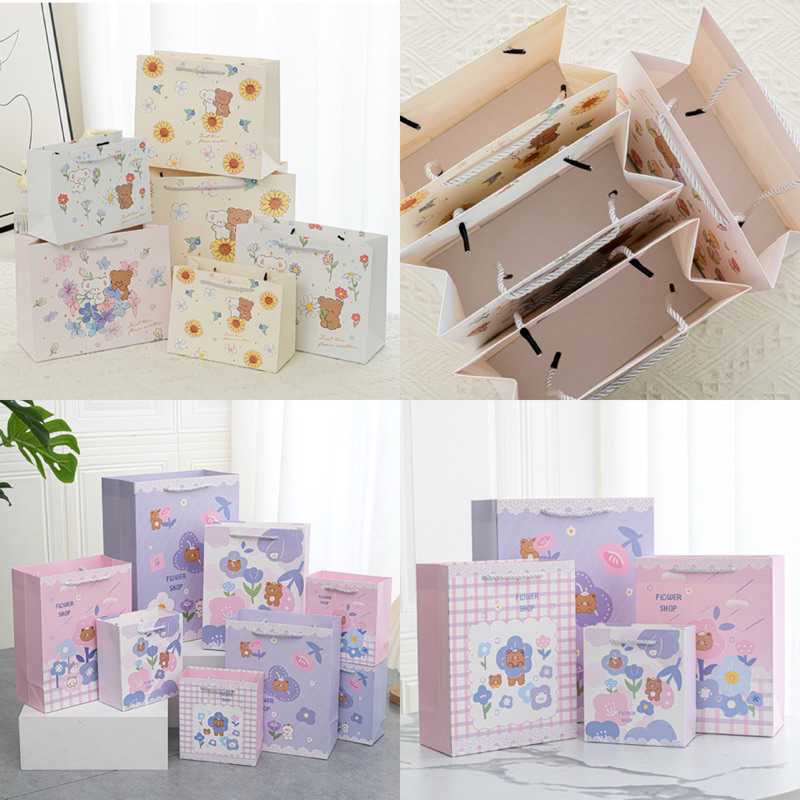 ꒰1ใบ/ซื้อขั้นต่ำ3ใบ꒱ ʕ •ᴥ•ʔถุงกระดาษลายน้องหมี 7 ลาย สีชมพู,สีเหลือง,สีฟ้า,สีม่วง/ 4 ขนาด ไม่มีริบบิ้น