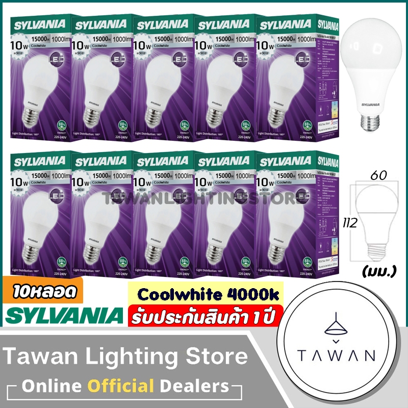 [10หลอด] Sylvania หลอดไฟ 10วัตต์ แสงนวล คูลไวท์ Led Bulb 10W Coolwhite 4000K ขั้วE27