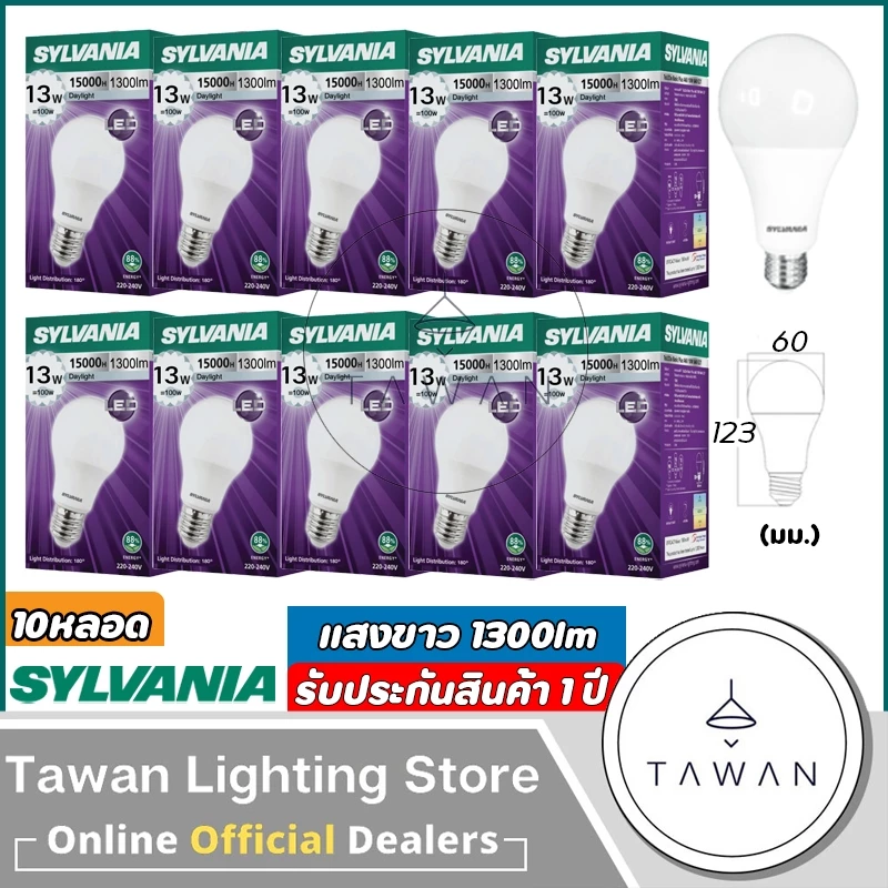 [10 หลอด] Sylvania หลอดไฟแอลอีดี 13วัตต์ LED Bulb 13w รุ่น Basic Plus Daylight แสงขาว Warmwhite แสงเหลือง