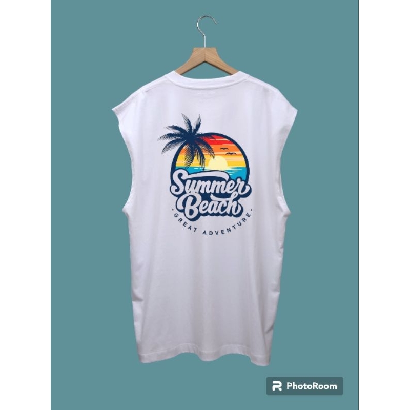 Happier than ever/เสื้อยืดแขนกุดโอเวอร์ไซส์สกรีนลายsummer_BH/ขาว