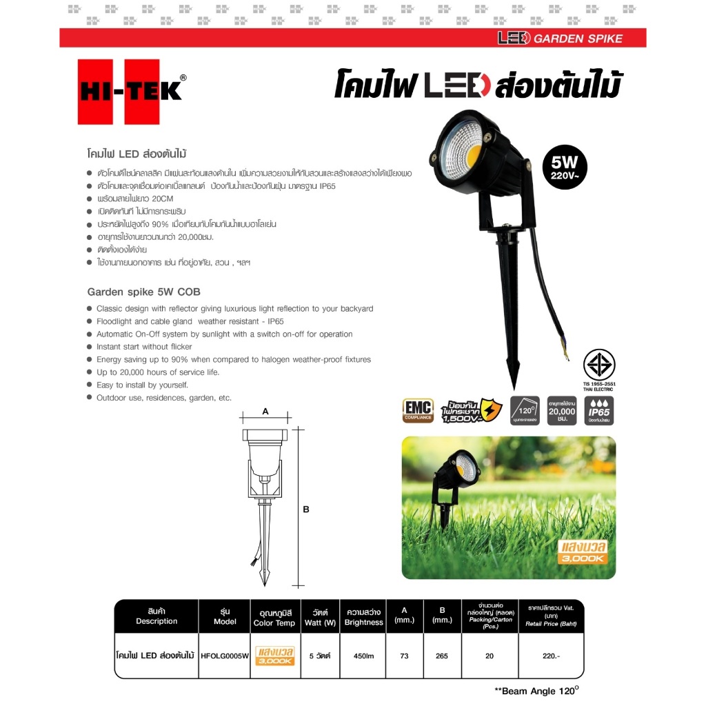 " HI-TEK " โคมไฟ LED ส่องต้นไม้ 5W แสงนวล สามารถ ปักดิน หรือ ยึดติดผนัง ติดเพดานได้