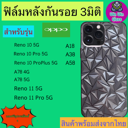 ฟิล์มกันรอยหลัง 3มิติ เแบบสั่งตัด Oppo รุ่น Reno 10 5G,10 Pro,10 Proplus,11 5G,11 Pro 5G,A78 4G,A78 5G,A58,A38,A18,A98