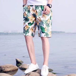 กางเกงขาสั้นลำลองฮาวาย ใส่ไปชายหาด ลายดอก เอวยางยืดมีเชือกผูก เนื้อผ้าใส่สบาย