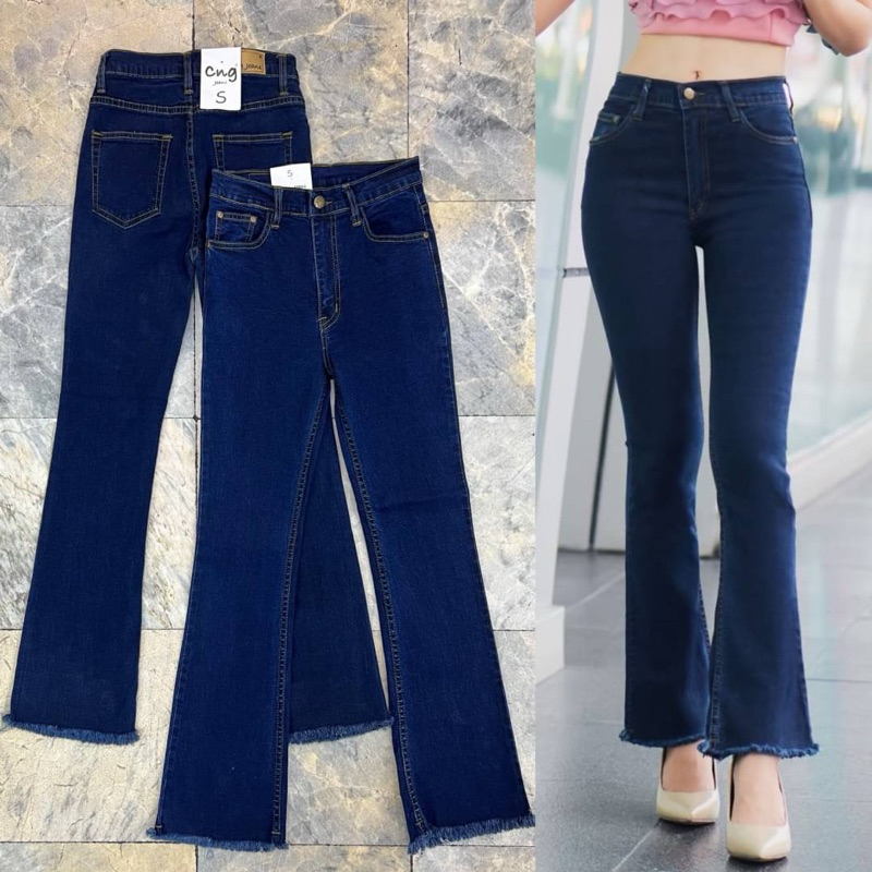 กางเกงยีนส์ขาม้าเล็ก เอวสูง ผ้ายืด สียีนส์เข้ม/สีดำ ปลายขาลุ่ย ป้าย Cng jeans