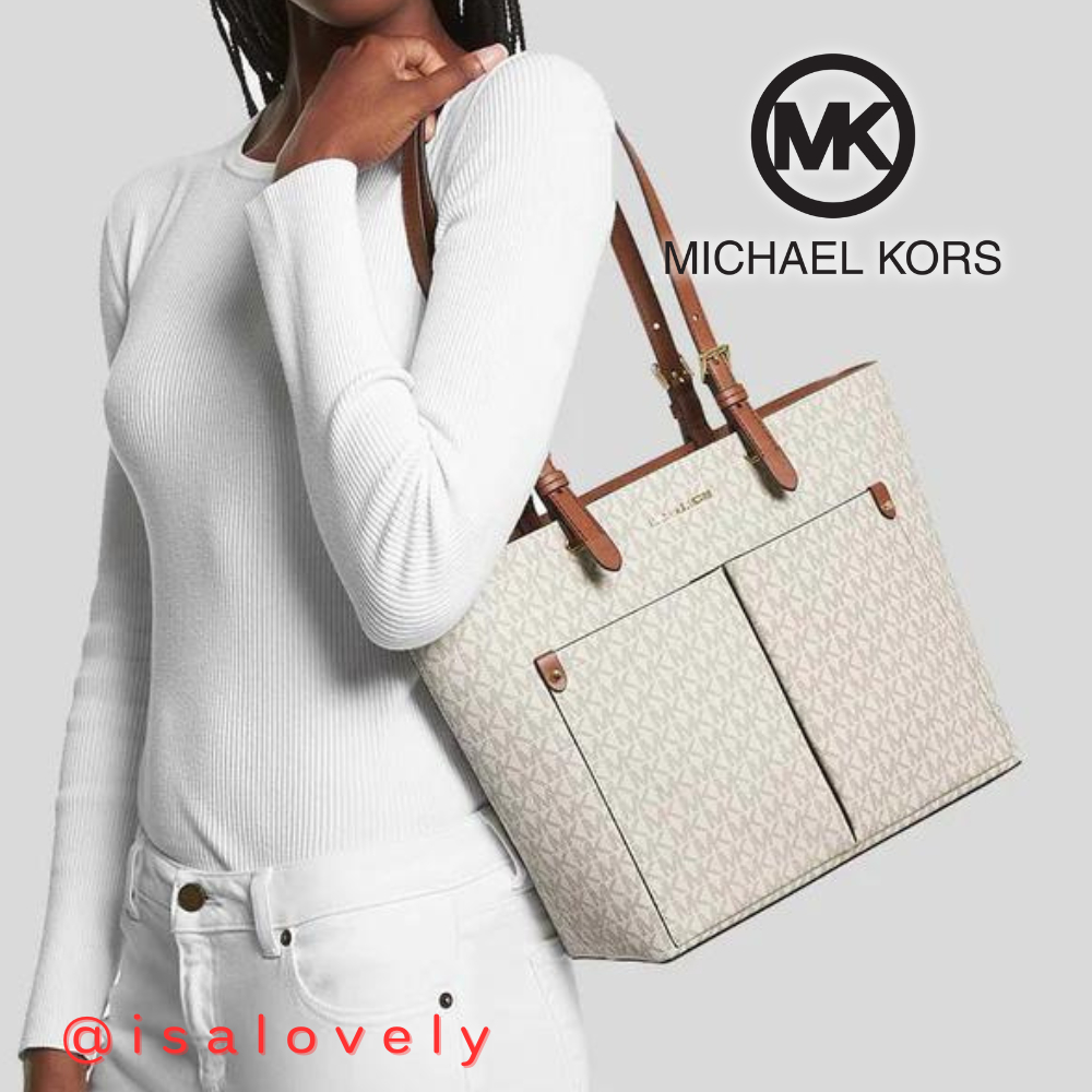 📌Isa Lovely Shop📌  Michael Kors Jet Set Medium Logo Pocket Tote Bag 35F3GTVT3B Color : Vanilla