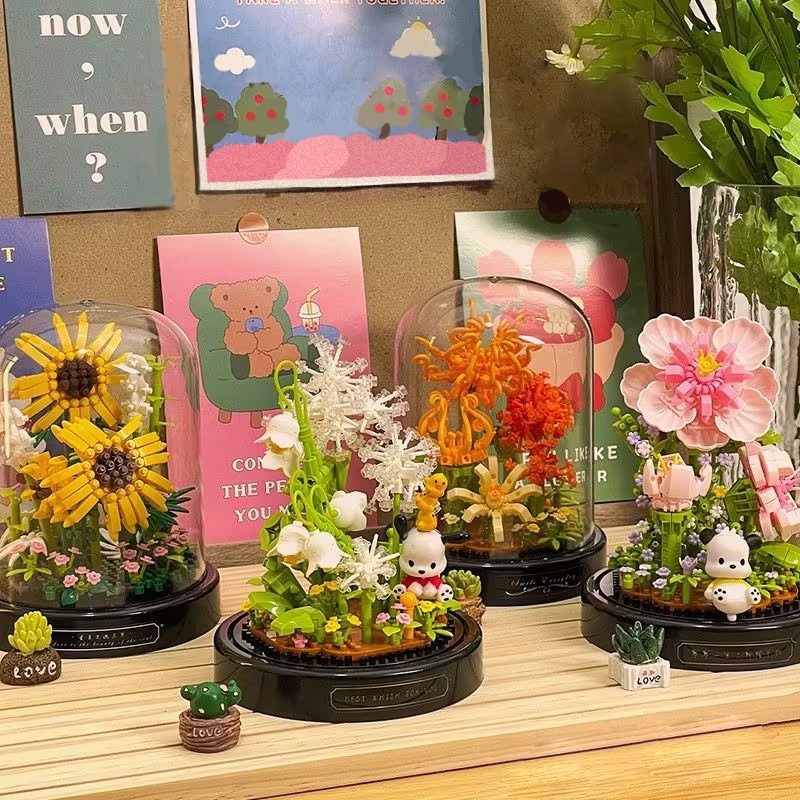 ตัวต่อดอกไม้ DIY🌻 บล็อกตัวต่อดอกไม้ ตัวต่อ ดอกไม้ DIY ดอกทานตะวัน พร้อมฝาครอบ ดอกลิลลี่สีขาว ดอกคาร์เนชั่น