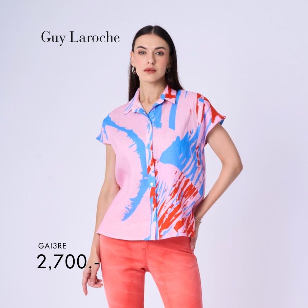 Guy laroche เดรสผู้หญิง แขนสั้น ลินิน ลายพิมพ์ สีแดง (GAI3RE)