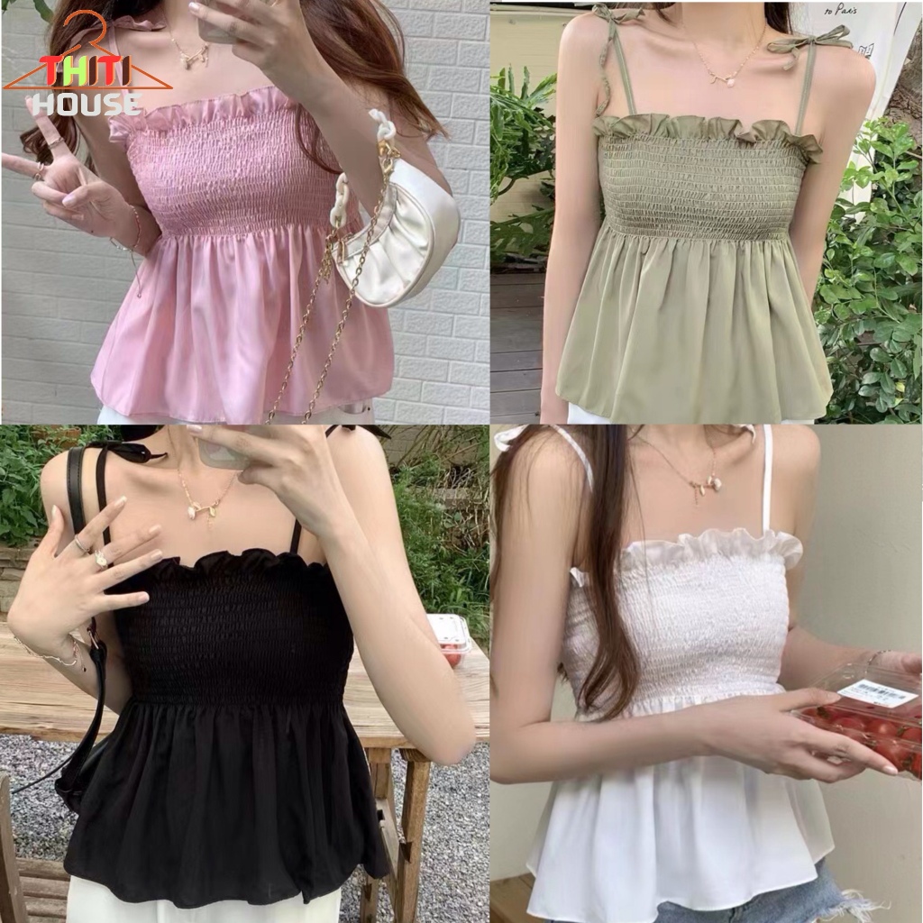 สายเดี่ยวสีพื้นผูกไหล่ เสื้อสายเดี่ยว ปาดไหล่ สไตล์เกาหลี น่ารักเสื้อครอป ดีเทลแบบผูก เก็บสายเป็นเกาะอก สาวอวบใส่ได้