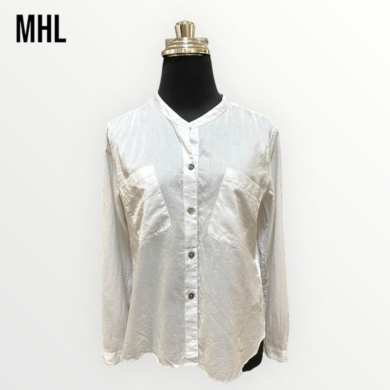 MHL เสื้อคอจีนแขนยาวสีขาวเทาอ่อน