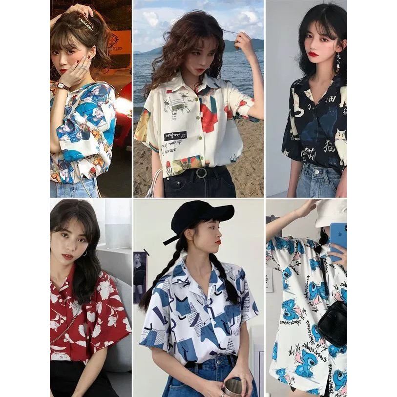เสื้อแขนสั้น เสื้อเชิ้ตฮาวายผู้หญิง ทรงหลวม ผ้าซีฟอง ผ้าพิมพ์ลาย สไตล์เกาหลี รหัส 729