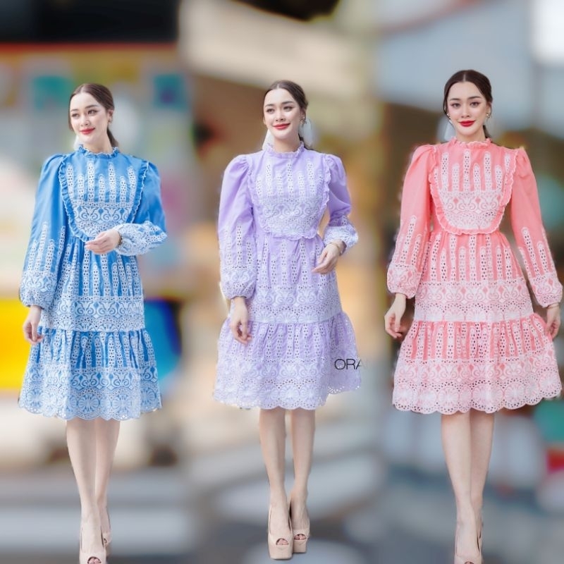 #21730 เดรสสั้นผ้าคอตต้อลเนื้อดี ซับในทั้งชุด ปักลายแน่นๆทั้งชุด