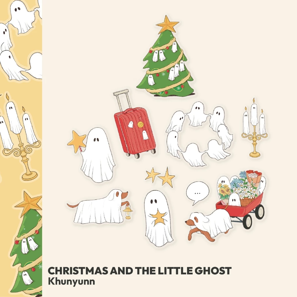 (6 ชิ้น 50.-) Sticker Christmas and the little ghost สติกเกอร์ไดคัท ขอบใส เนื้อด้านกันน้ำ - khunyunn