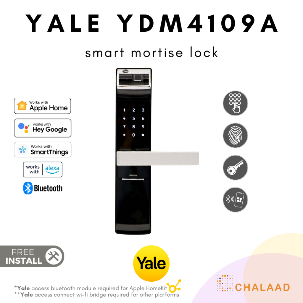 Yale YDM4109A Smart Mortise Lock (ติดตั้งฟรี!) ดิจิตอลล็อคแบบสแกนลายนิ้วมือ หน้าจอสัมผัส ปลดล็อคผ่านมือถือ หรือรหัสผ่าน