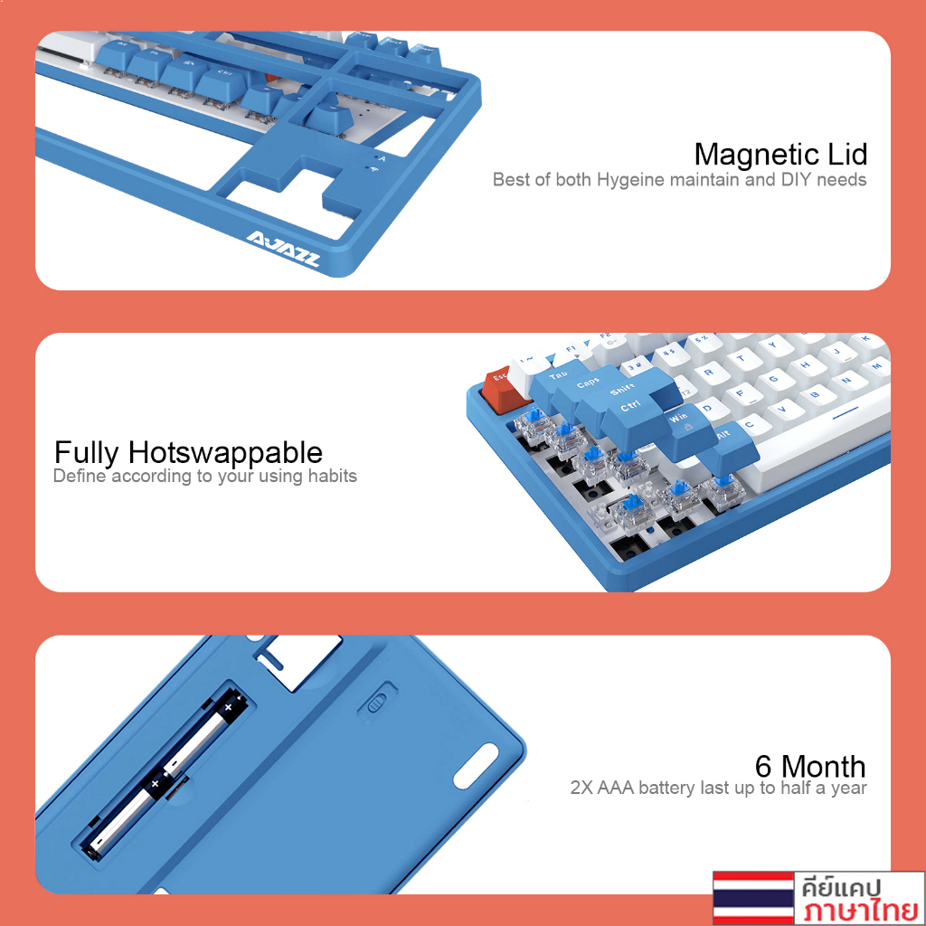 คีย์บอร์ดเกมมิ่ง Ajazz AK871 Wirelss Hotswap Dual Module(2.4+BT) TKL 80% 87Key Mechanical Keyboard
