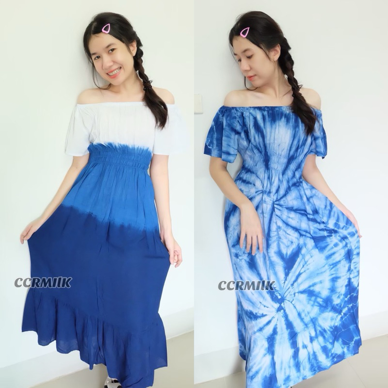 ชุดเดรสมัดย้อม เดรสกระโปรงยาว มัดย้อมกระโปรงสวยๆ เดรสเปิดไหล่กระโปรงยาว ใส่ออกงาน งานแต่ง งานเลี้ยง
