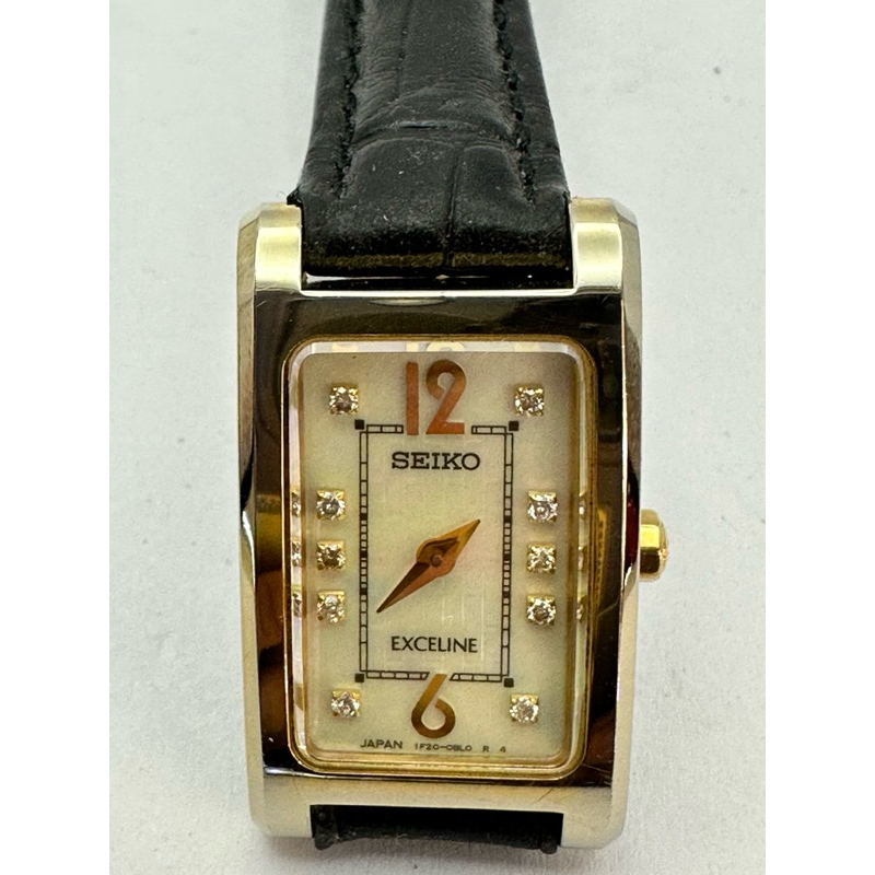 SEIKO EXCELINE Quartz ระบบถ่าน ตัวเรือนทองชุบ หน้าปัดมุข เพชรแท้ 11 เม็ด นาฬิกาผู้หญิง มือสองของแท้