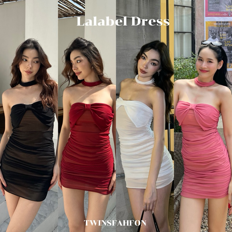 lalabel dress เดรสเกาะอกแต่งโบว์มาพร้อมโชคเกอร์สุดน่ารัก ผ้าซีทรูเกาหลีแนบเนื้อ Free Size | Twinsfahfon