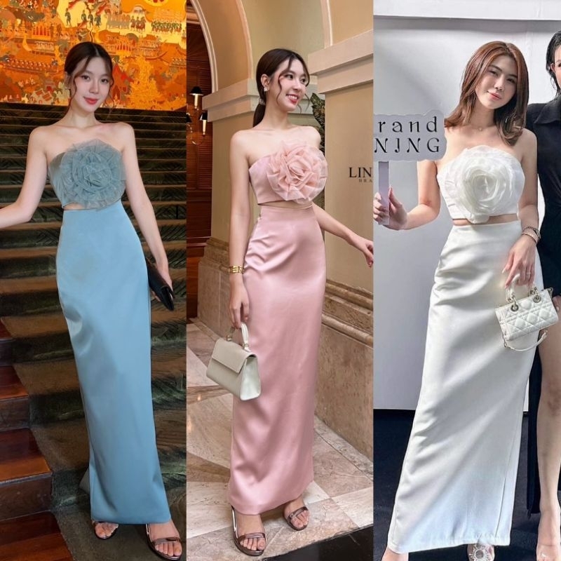 พร้อมส่ง สีชมพู Linda /ชุดเซ็ตเสื้อเกาะอกกระโปรงยาวออกงานสีชมพู