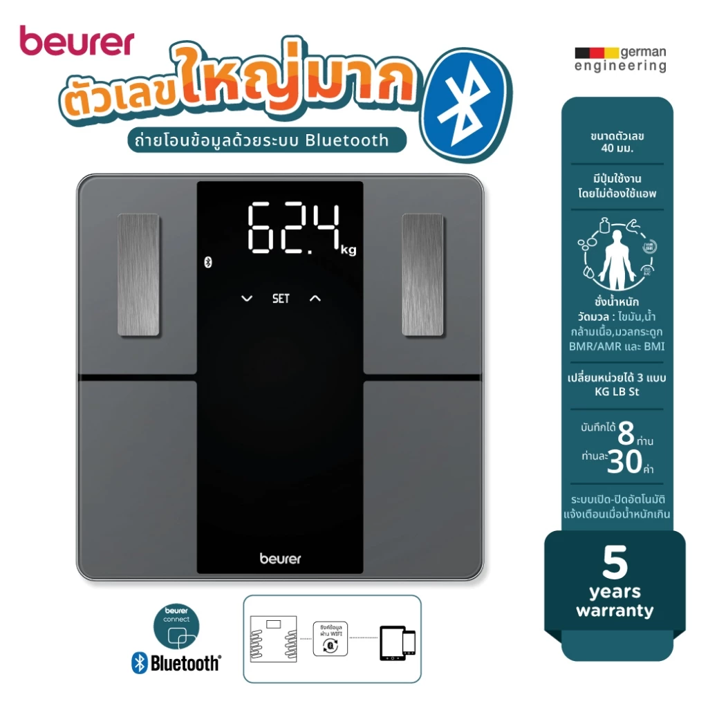 Beurer เครื่องชั่งน้ำหนัก ผ่านระบบ Bluetooth วัดมวลแบบบลูทูธ หน้าจอใหญ่มาก รุ่น BF500 BT [รับประกัน 5 ปี]