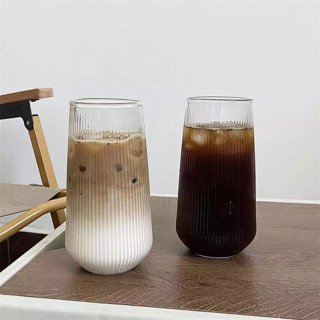 แก้วใสลายตรง แก้วกาแฟ ทรงกลม ทนความร้อน สีโปร่งใส แบบเรียบง่าย 500ml