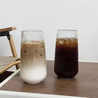 แก้วใสลายตรง แก้วกาแฟ ทรงกลม ทนความร้อน สีโปร่งใส แบบเรียบง่าย 500ml