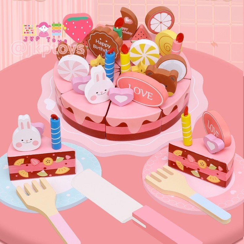 🎂😊Todds & Kids Toys by JKP Toys ของเล่นไม้เสริมพัฒนาการ ชุดเค้กไม้ 8 ชิ้น พร้อมเที่ยนเเละของเเต่งหน้าเค้ก ของเล่นเด็ก ขอ