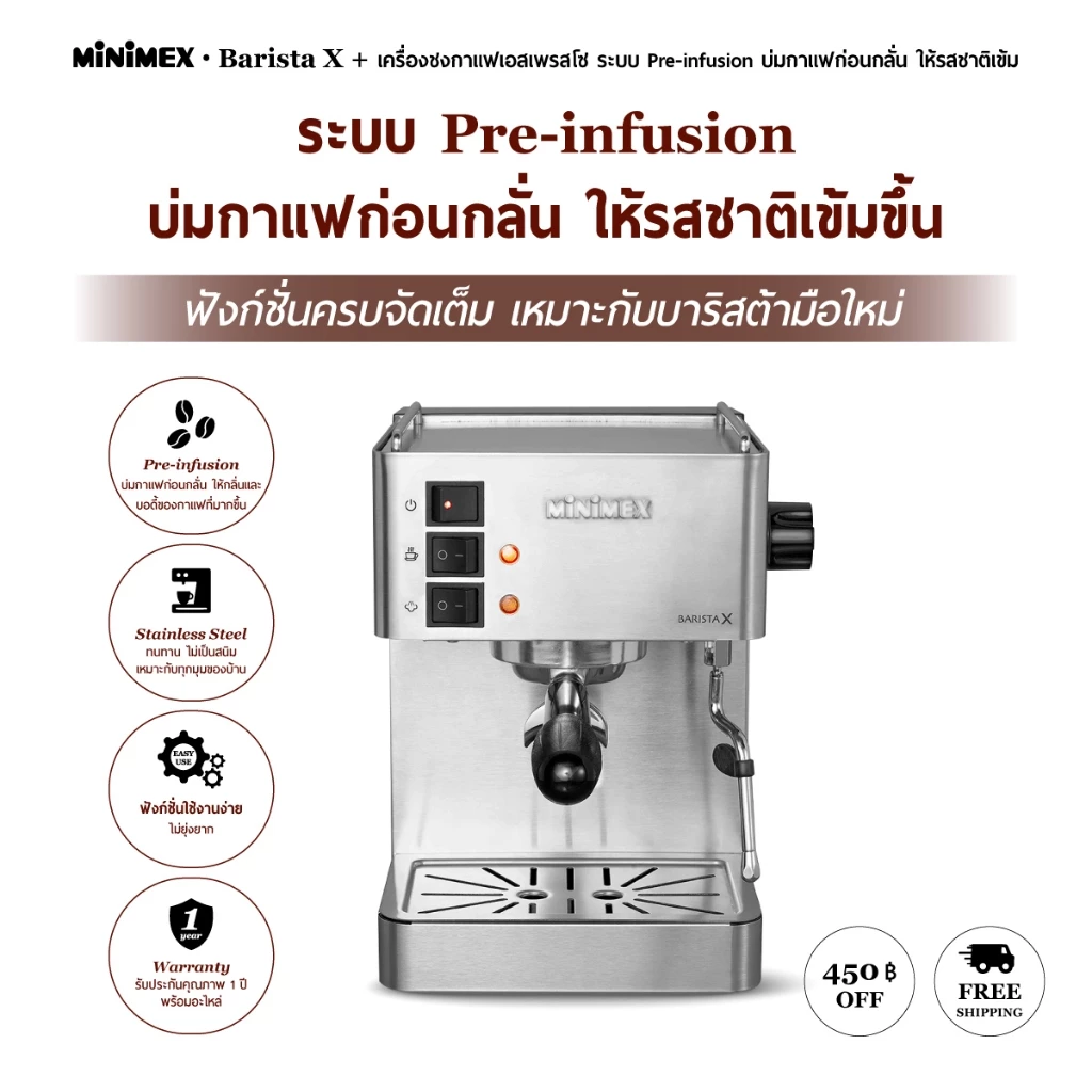 MiniMex เครื่องชงกาแฟสด รุ่น Barista X เครื่องชงกาแฟ ระบบ Pre-infusion ฟังก์ชั่นใช้ง่าย สำหรับใช้ในบ้าน (รับประกัน 1 ปี) thumbnail 3