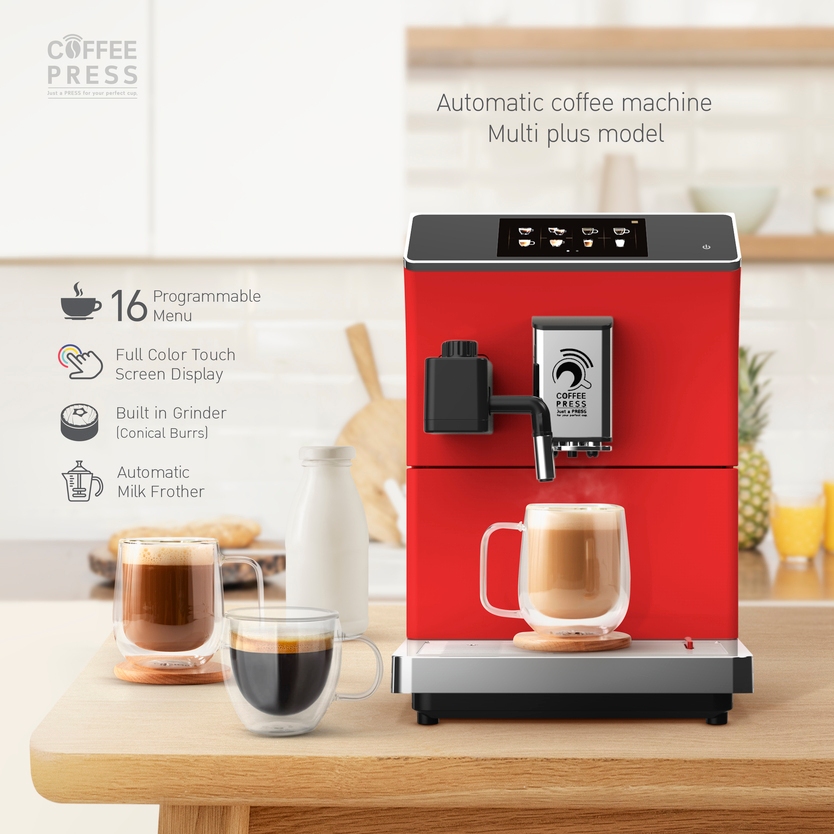 2024 Coffee press เครื่องชงกาแฟสดเอสเปรสโซ่อัตโนมัติ Full Automatic Espresso Coffee Machine Multi Plus Model สีแดง