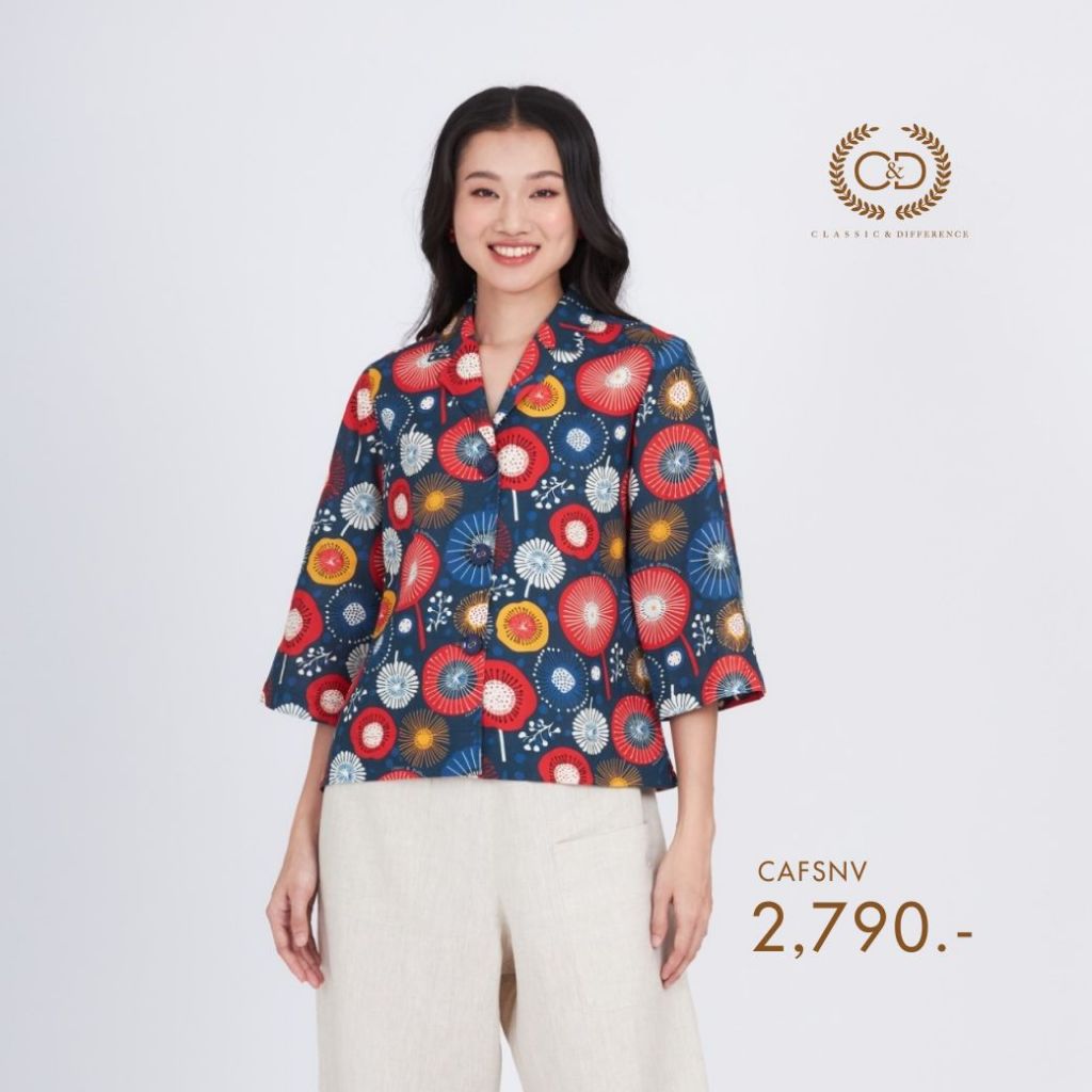 C&D เสื้อผู้หญิง โบลว ทันโปโปะ ปกฮาวาย ทรงหลวม สีน้ำเงิน (CAFSNV)