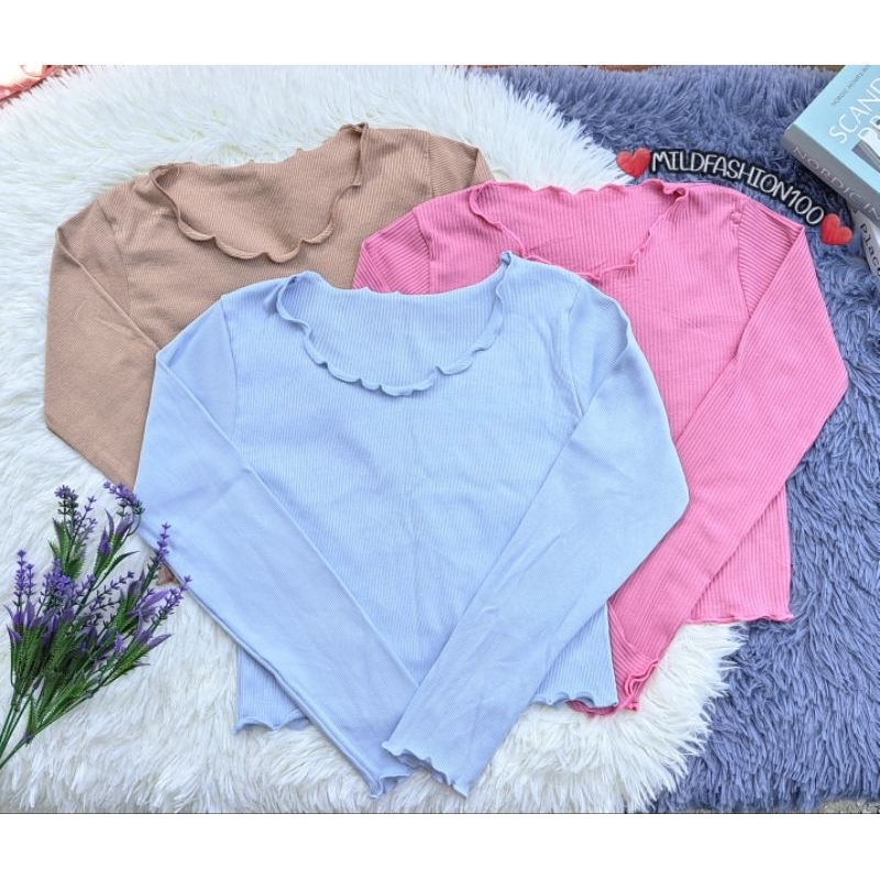 🔥Mfs100🔥เสื้อครอปคอหยัก (แขนยาว) ผ้าร่อง