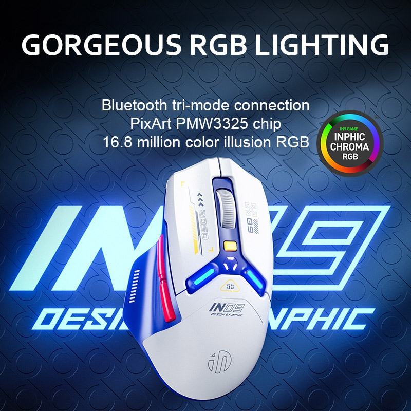 Inphic IN9 เมาส์ออปติคอลเล่นเกม ไร้สาย RGB 10000DPI 6 ปุ่ม ตั้งโปรแกรมได้ และสามโหมด บลูทูธ