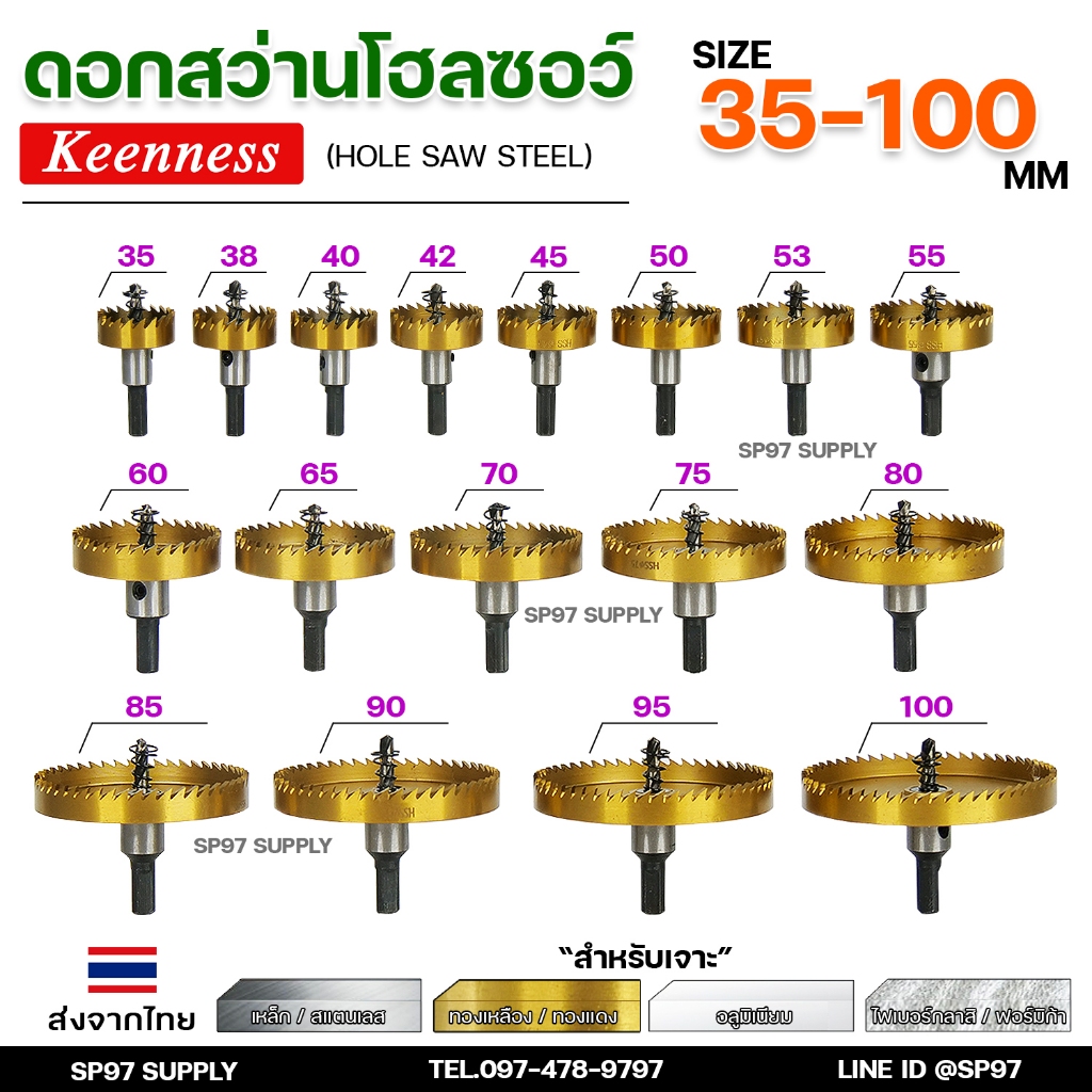 Keenness โฮลซอว์ ไฮสปีด ขนาด 35-100 มิล HSS เจาะเหล็ก อลูมิเนียม สแตนเลส. Hole Saw Steel.โฮซอ (ราคา1ชิ้น)
