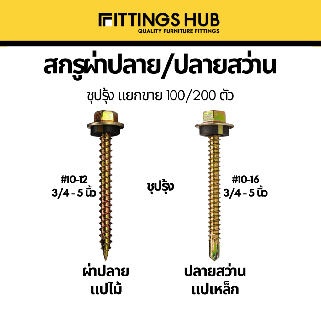 สกรูปลายสว่าน/ผ่าปลาย แปเหล็ก/แปไม้ เบอร์10-16/10-12 ยึดหลังคา ยึดเหล็ก ชุบรุ้ง