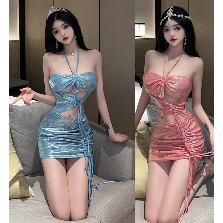 ชุดเดรสเข้ารูปปาร์ตี้ สีโทนลูกกวาด ชมพู - ฟ้ากลิตเตอร์วิบวับ แต่งระบาย ผูกเชือก