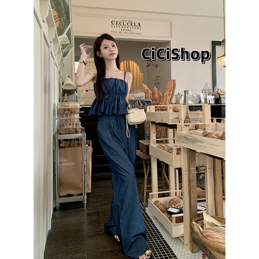 Cicishop(3209)SET2ชิ้น เสื้อสม็อกรอบอกสายปรับได้+กางเกงเอวสม็อกหลัง ใส่สบาย ซีซั่นไหนก็เอาอยู่ สายเเฟชั่นห้ามพลาด