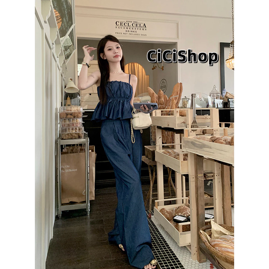 Cicishop(3209)SET2ชิ้น เสื้อสม็อกรอบอกสายปรับได้+กางเกงเอวสม็อกหลัง ใส่สบาย ซีซั่นไหนก็เอาอยู่ สายเเฟชั่นห้ามพลาด