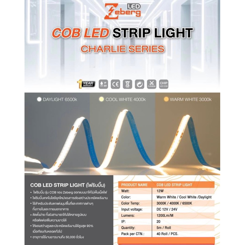 ZEBERG COB LED STRIP LIGHT ไฟเส้น ไฟริบบิ้น COB 12V และ 24V ความยาว 5 เมตร