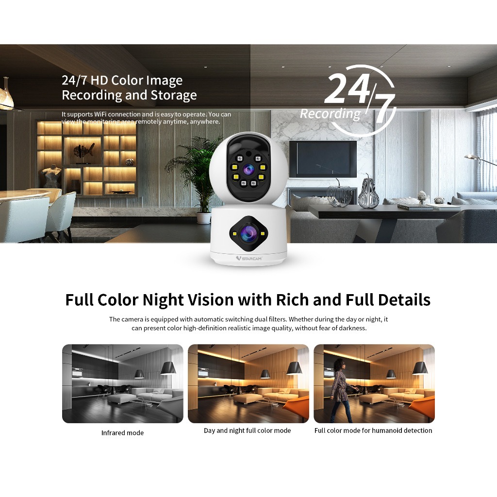 Vstarcam C992DR(เลนส์คู่) ใหม่2023 กล้องวงจรปิดไร้สาย ความละเอียด 2MP indoor มีAI+ คนตรวจจับสัญญาณเตือน