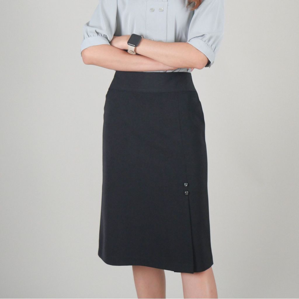 กระโปรงปิยารัตน์ กระโปรงทรงตรง 2 กระดุม ผ้านาโน สีดำ ไซส์ S,M,L,XL,2XL,3XL,4XL, 5XLยาว 24 นิ้ว skirt