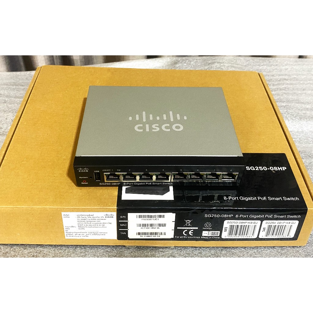 Switch Cisco SG250-08HP อุปกรณ์กิกะบิทสวิชท์ 8 พอร์ท 1000 Mbps มือสอง ไม่ผ่านไฟ