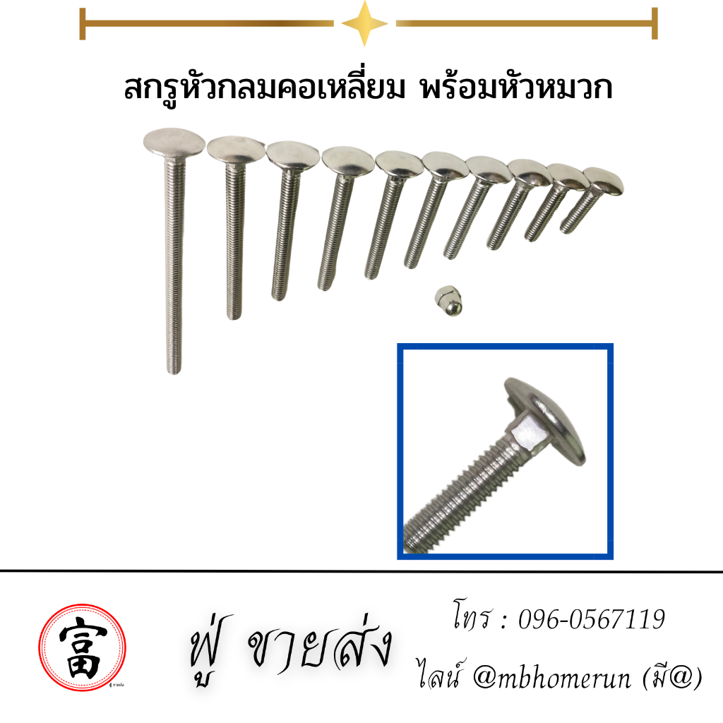 สกรูหัวกลมคอเหลี่ยม M6x25-100 พร้อมน็อตตัวเมีย/หัวหมวก ถูกที่สุดในตลาด จัดส่งไวทั่วประเทศ