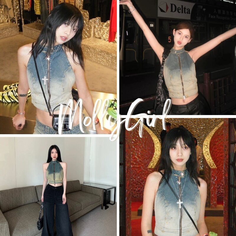 Mollygirl เสื้อคล้องคอผ้ายีนส์ ซิปด้านหน้า คอลใหม่
