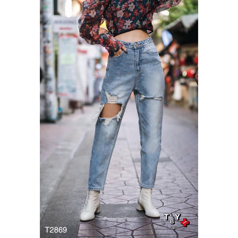 🔥HOT DENIM กางเกงยีนส์ TBY รุ่น T2869 ทรงมัมแต่งขาดสุดแซ่บ