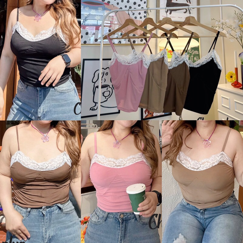 เสื้อสายเดี่ยวลายร่องแต่งขอบลูกไม้สาวอวบไซส์ใหญ่ (ฟรีไซส์สาวอวบอก-46)