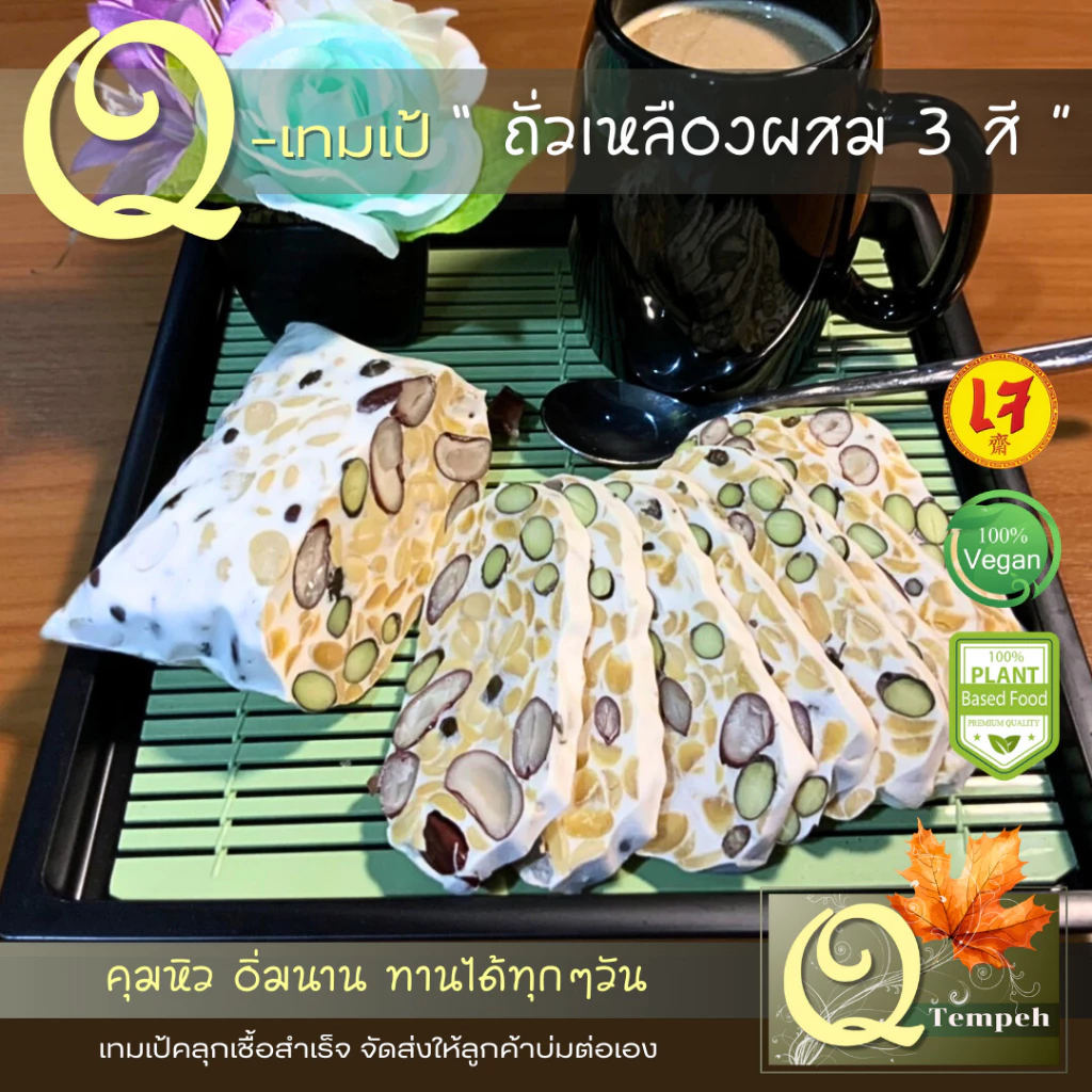 เทมเป้ถั่วเหลืองผสม 3 สี (200g-1kg) โปรตีนถั่วธัญพืชที่มีโพรไบโอติกส์และไฟเบอร์สูง นำไปบ่มต่อได้ง่าย