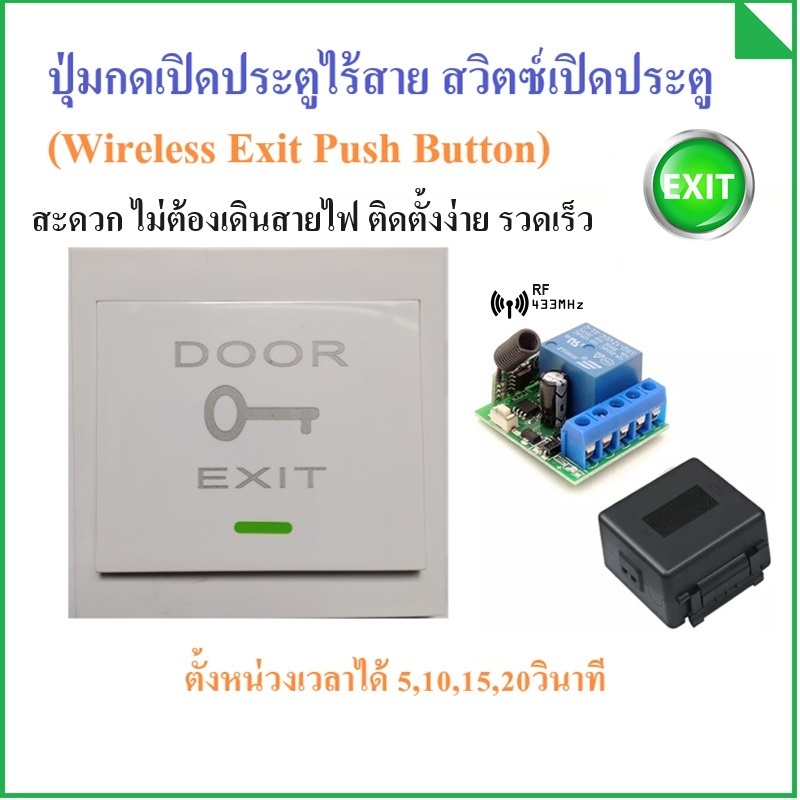EXIT Button สวิตช์ปุ่มกดทางออก ไร้สาย สําหรับประตูล็อคแม่เหล็กไฟฟ้า RF 433MHz Wireless