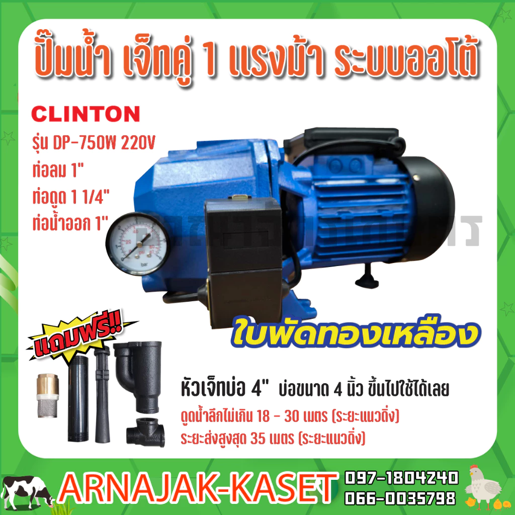ปั๊มเจ็ท ท่อคู่ระบบออโต้ 1 แรงม้า 750W ดูดลึก 30 เมตร ปั๊มน้ำ ใบพัดทองเหลืองแท้ CLINTON รุ่น DP750W